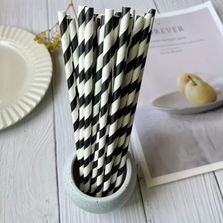 Papír szívószál fekete csíkos 50 db