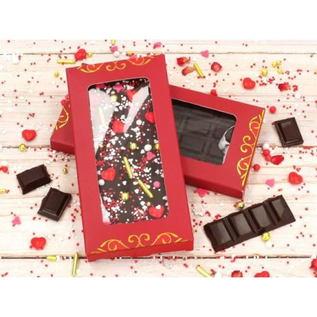 Tábláscsokoládé doboz piros arany mintával, fóliával