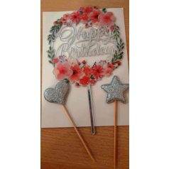   Boldog születésnapot beszúró 2 db ezüst csillaggal- apró virágos