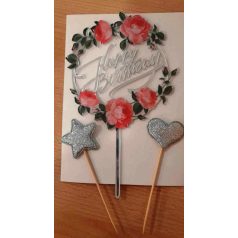   Boldog születésnapot beszúró 2 db ezüst csillaggal- rózsás