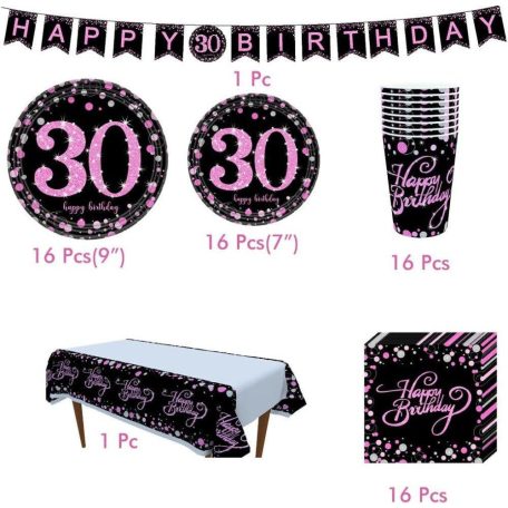 30. születésnapi party dekoráció fekete-rózsaszín